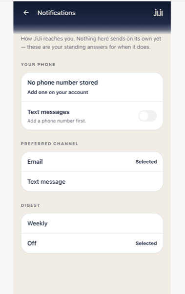 The JiJi Notifications screen: the Text messages toggle is off by default and disabled until a phone number is added
